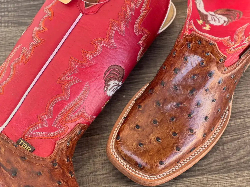 Men’s Cognac Ostrich Leather Boots With Red / Rooster Shaft