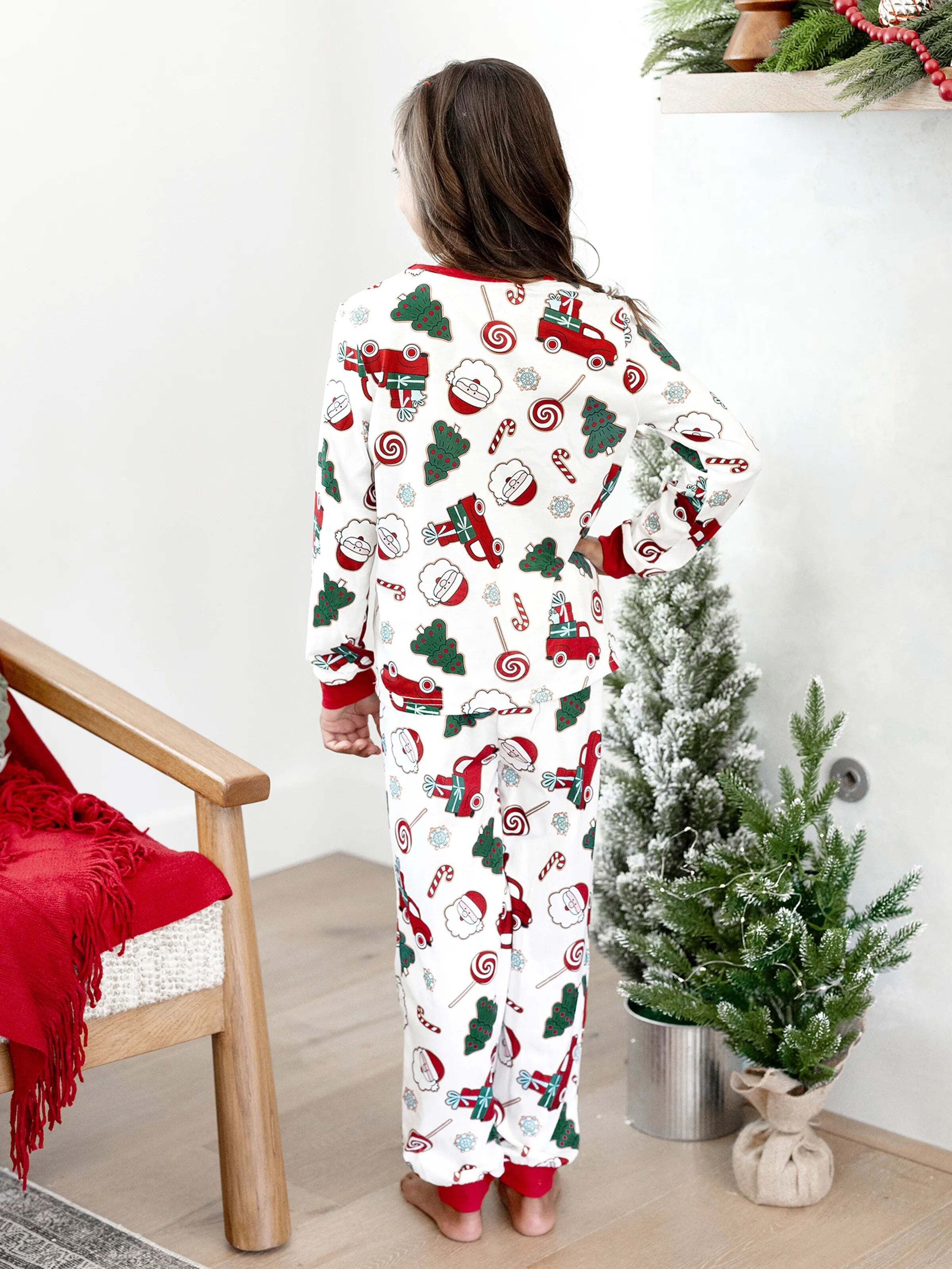 Christmas Matching Family Pajamas Set Santa Claus and Christmas Tree Print White PJS with Christmas Socks White