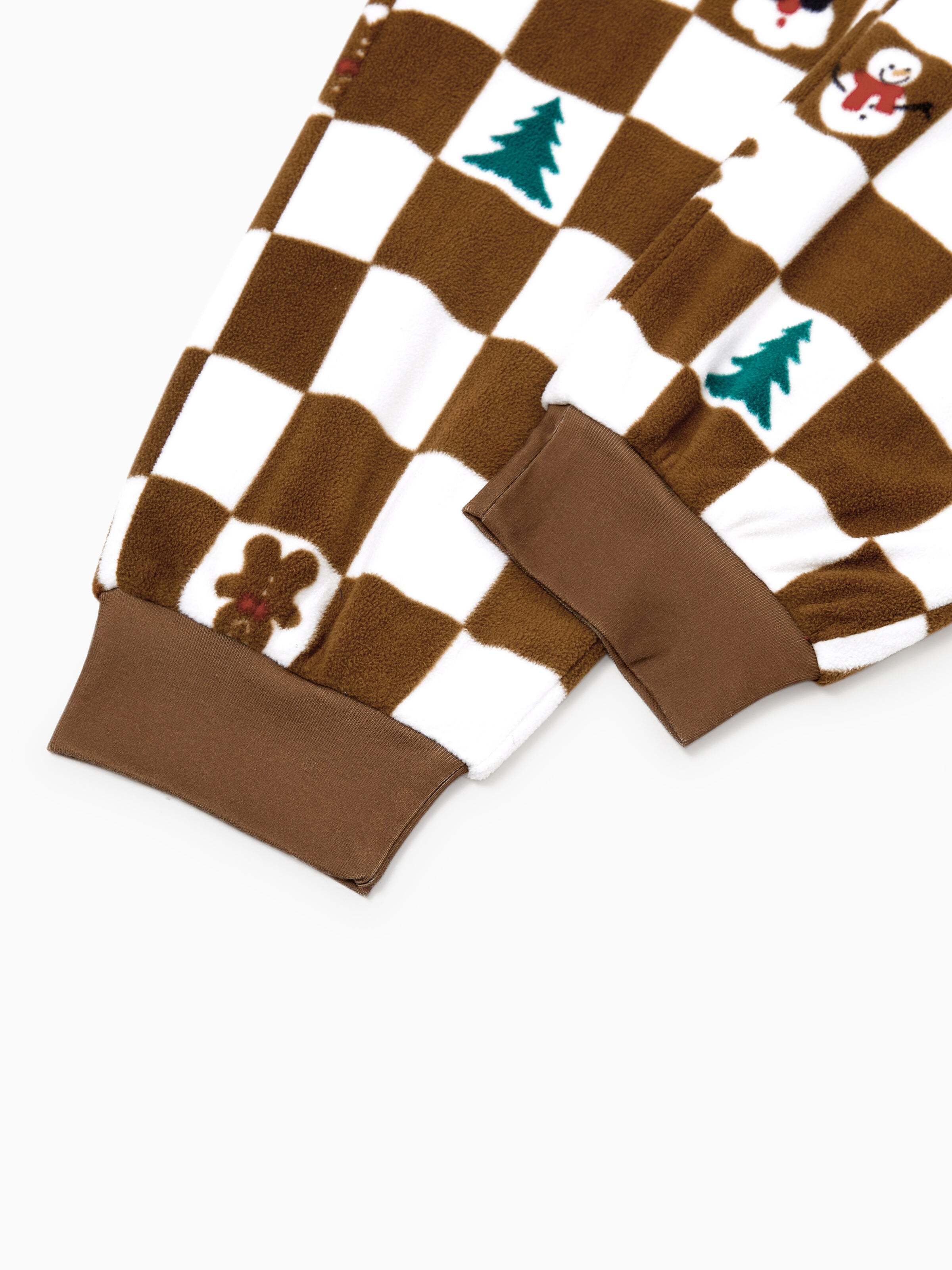 Christmas Onesies Matching Family Fleece Hoodie Pajamas Set Gingerbread Christmas-theme Plaid Print PJS with Christmas Socks Color block