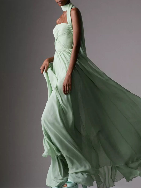 Solid Color Pleated Sleeveless Tube Vacation Chiffon Maxi Dresses