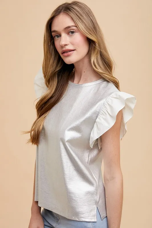 Wear Mix Media Metallic Knit Ruffle Sleeve Top