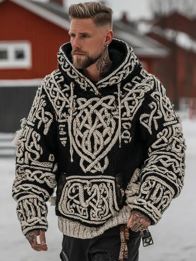 Men's Viking Celtic Pattern Art Cozy Knit Hooded Sweater