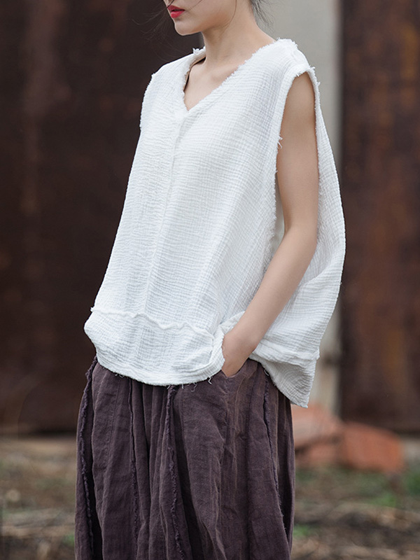 Fringed Pleated Solid Color Split-Joint Loose Sleeveless V-Neck Vest Top