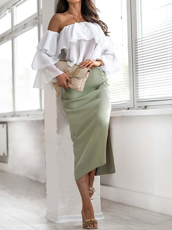 Asymmetric Buttoned Split-Side Bodycon High Waisted Skirts Bottoms