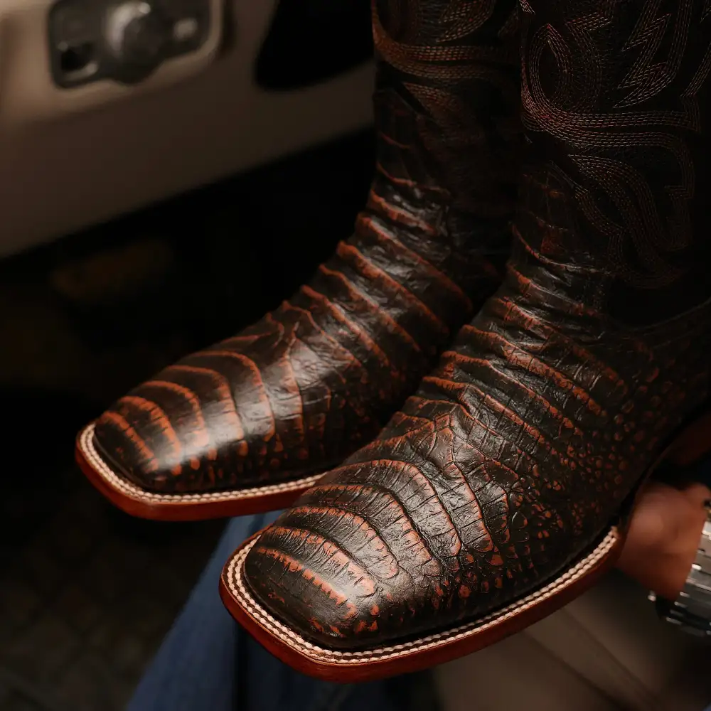 Copper Caiman Belly Leather Boots - Square Toe