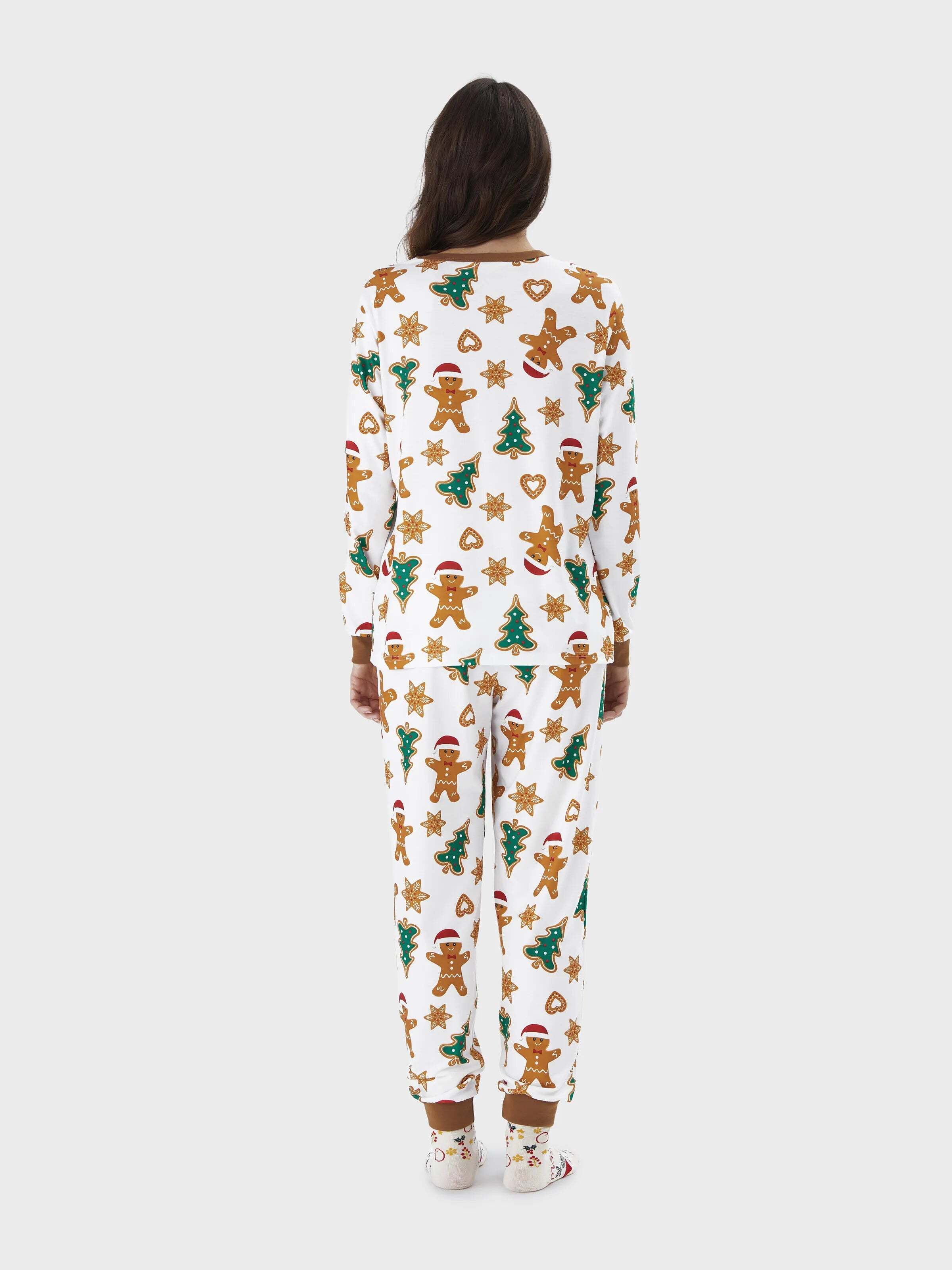 Christmas Family Matching Cartoon Gingerbread Man and Tree All-over Print Long-sleeve Pajamas Sets with Christmas Socks Coffee