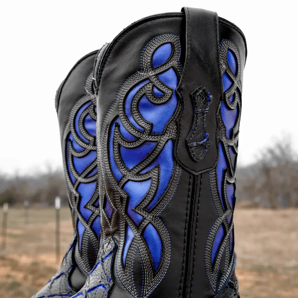 Black/Blue Pirarucu Leather Boots - Square Toe