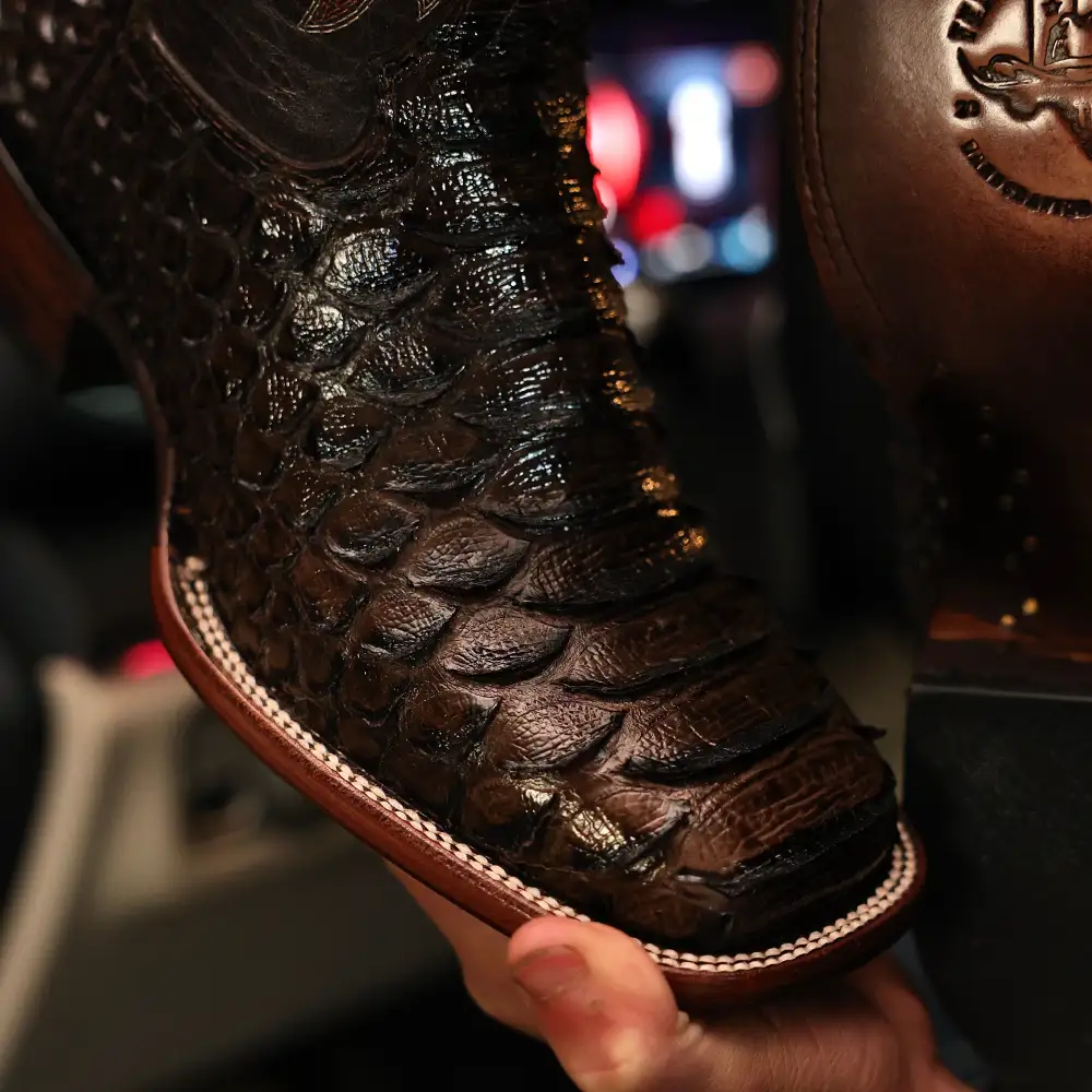Chocolate Brown Python Leather Boots - Square Toe