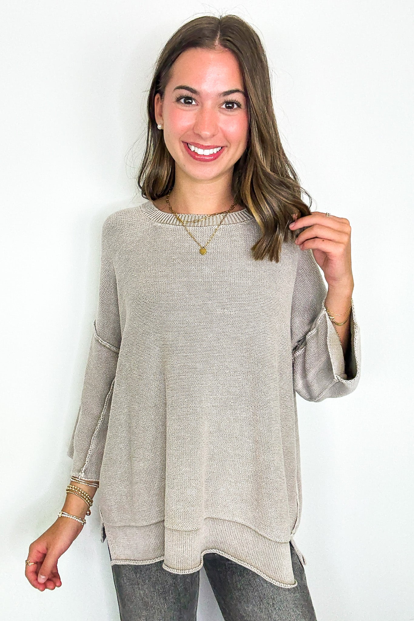 Cozy Fade Washed 3/4 Sleeve Relaxed Sweater