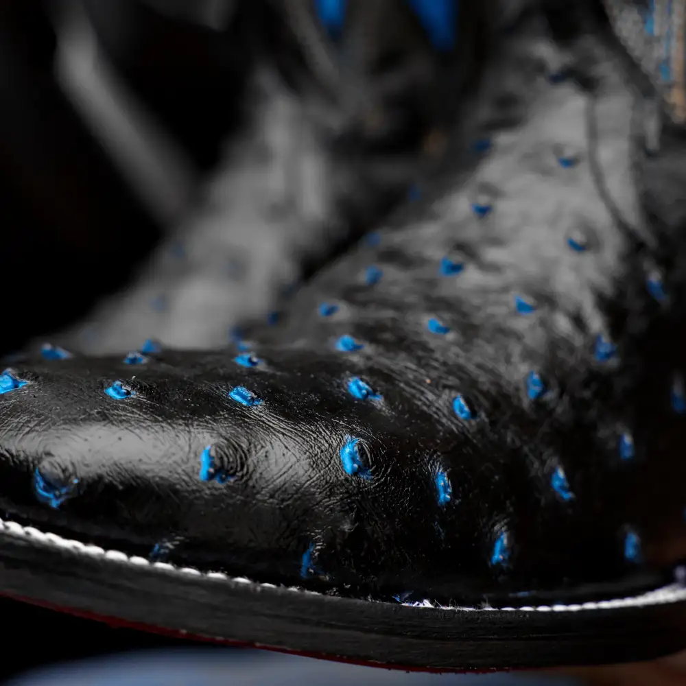 Black/Blue Ostrich Leather Boots - Square Toe