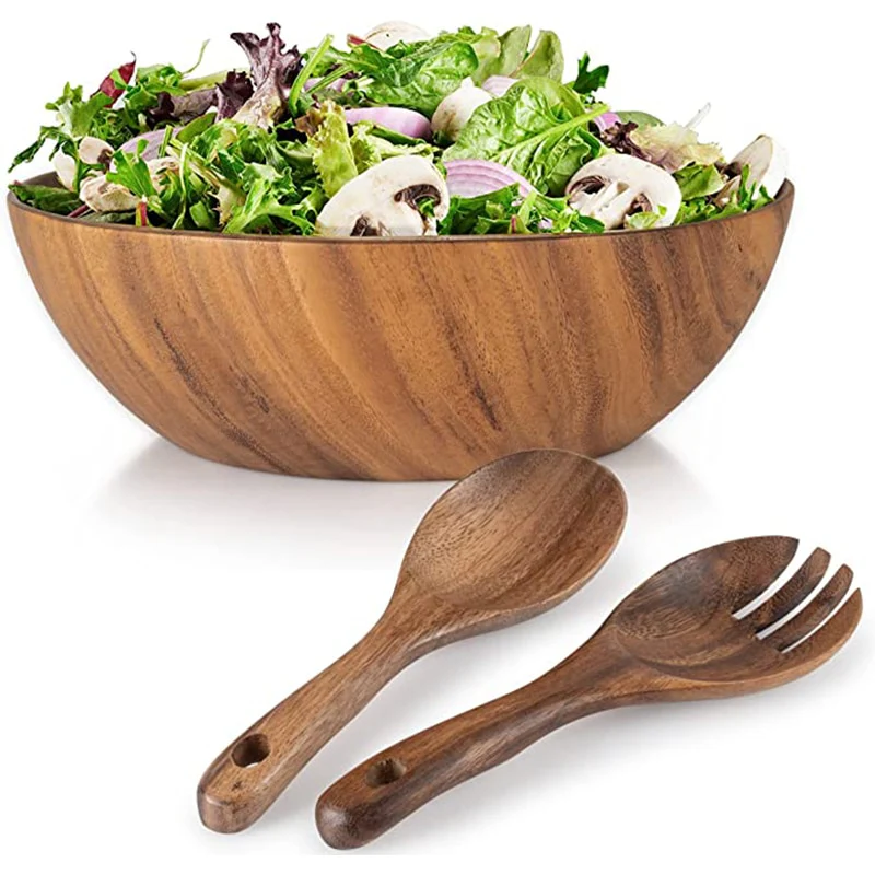 Wooden Salad Bowl, Solid Hardwood Salad Mixing Bowl Set, Wood Serving Bowl Spoon Fork for Fruits Vegetables Decoration