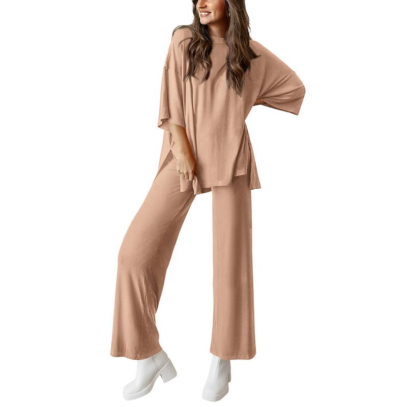 Women’s 2-Piece Lounge Set – Short Sleeve Top & Wide Leg Pants