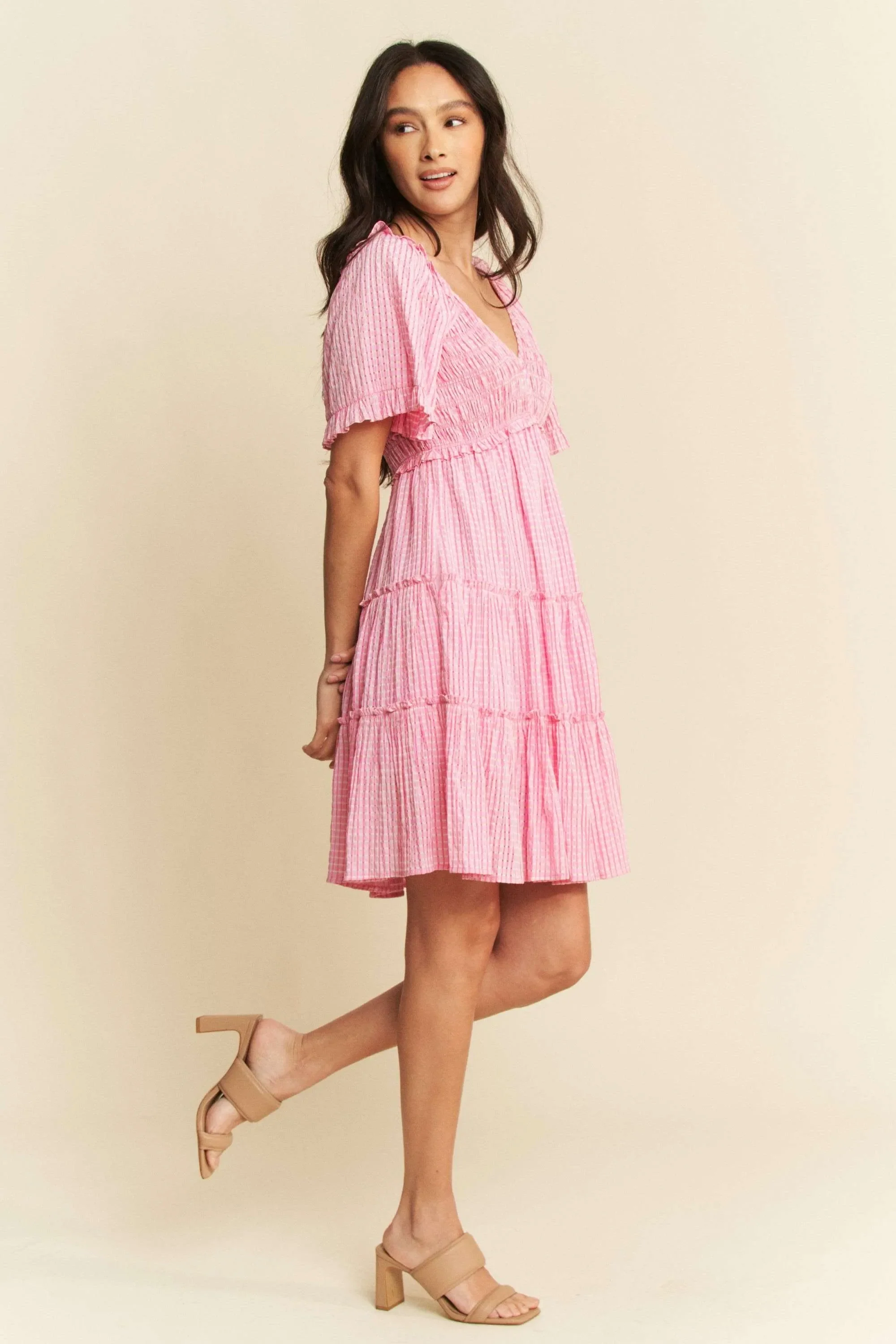 Jacquard Checker Smocking Tiered Dress