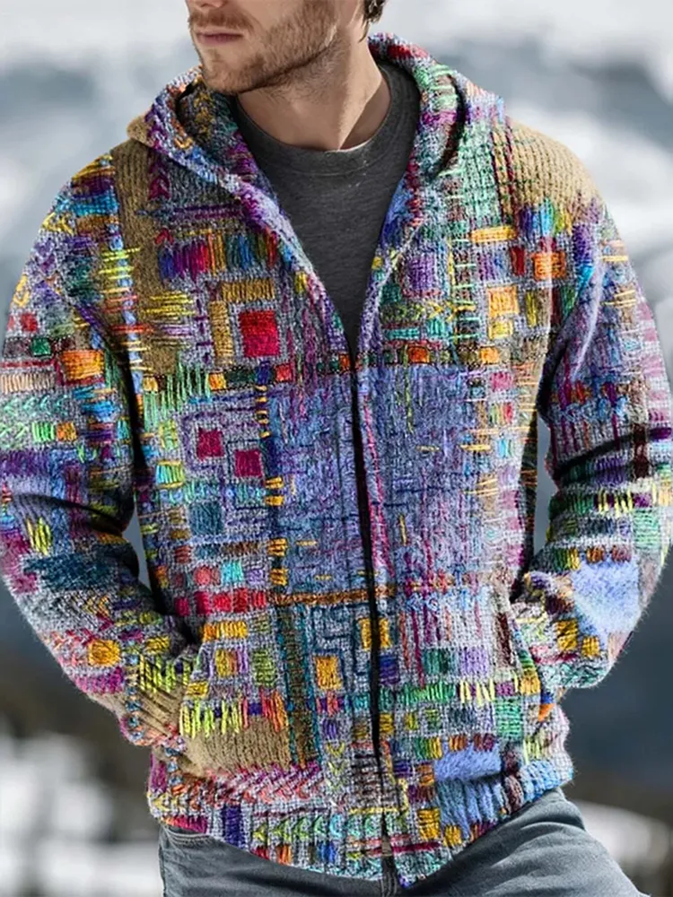 Men's Vintage Purple Patchwork Ethnic Art Print Button Stand Collar Knit Pullover Sweater