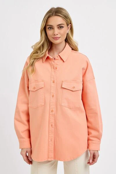 Full Size Button Down Long Sleeve Denim Shacket with Chest Pockets