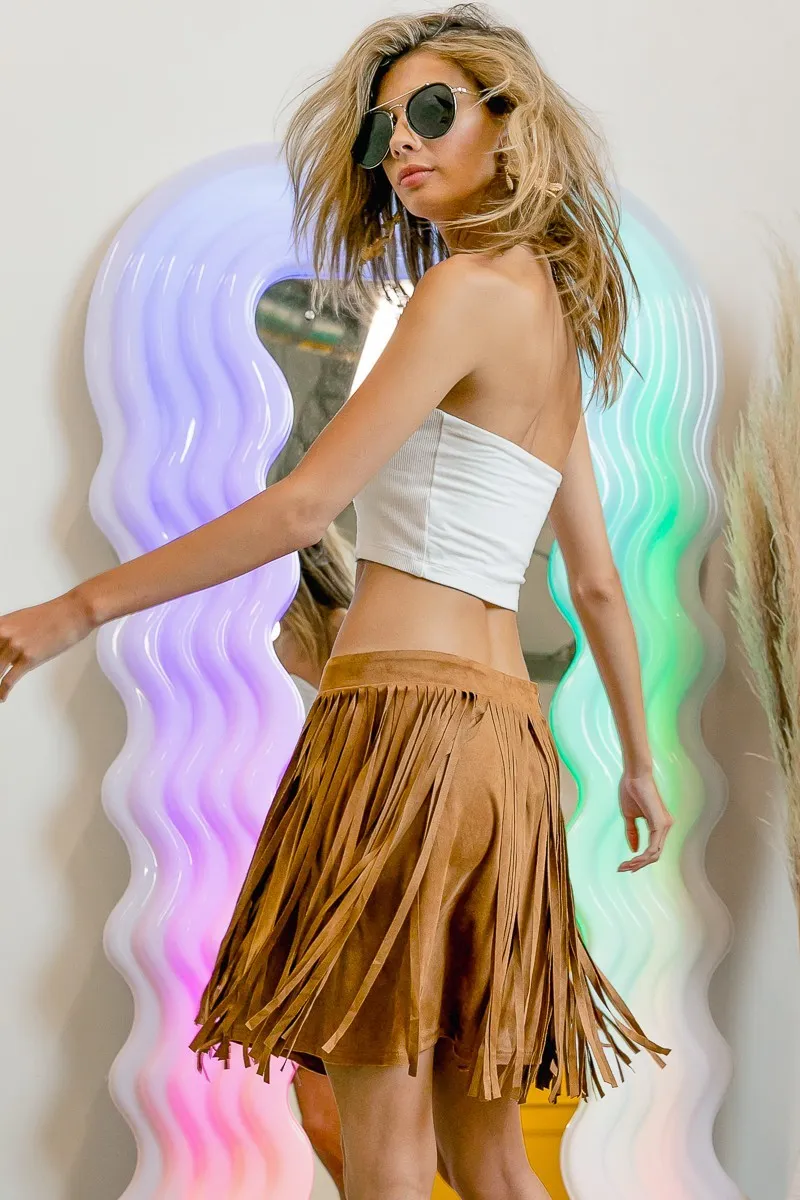Fringe Detailed Suede Skirt
