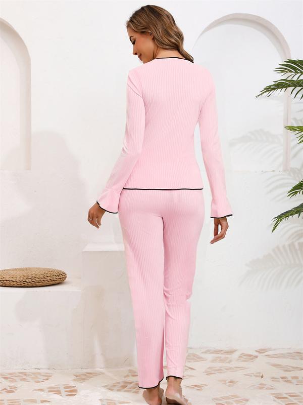 Women's Spring & Fall Ice Silk Pajama Set, Elastic Waist Pants, Casual Home Wear