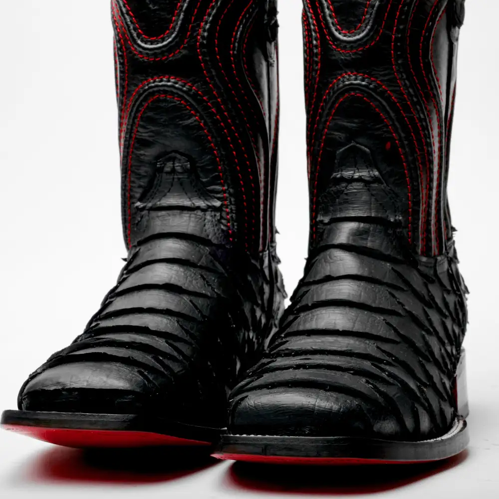 Matte Black Jumbo Python Leather Boots - Square Toe