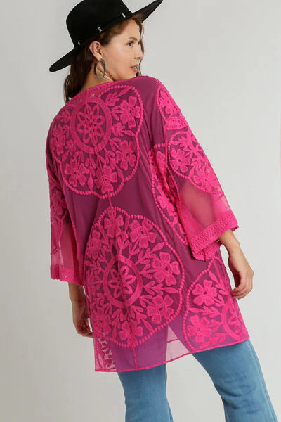 Elegant Floral Lace Open Front Kimono Sleevee Cover Up with Waist Tie