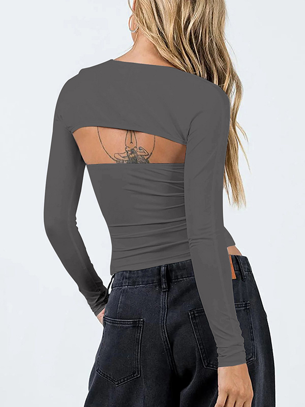 Solid Color Long Sleeves Skinny Collarless T-Shirts Tops