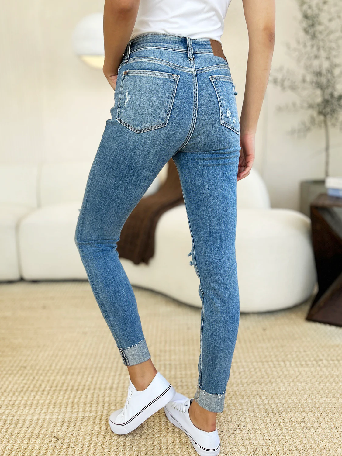 Blue Full Size Mid Rise Destroy & Cuff Skinny Jeans
