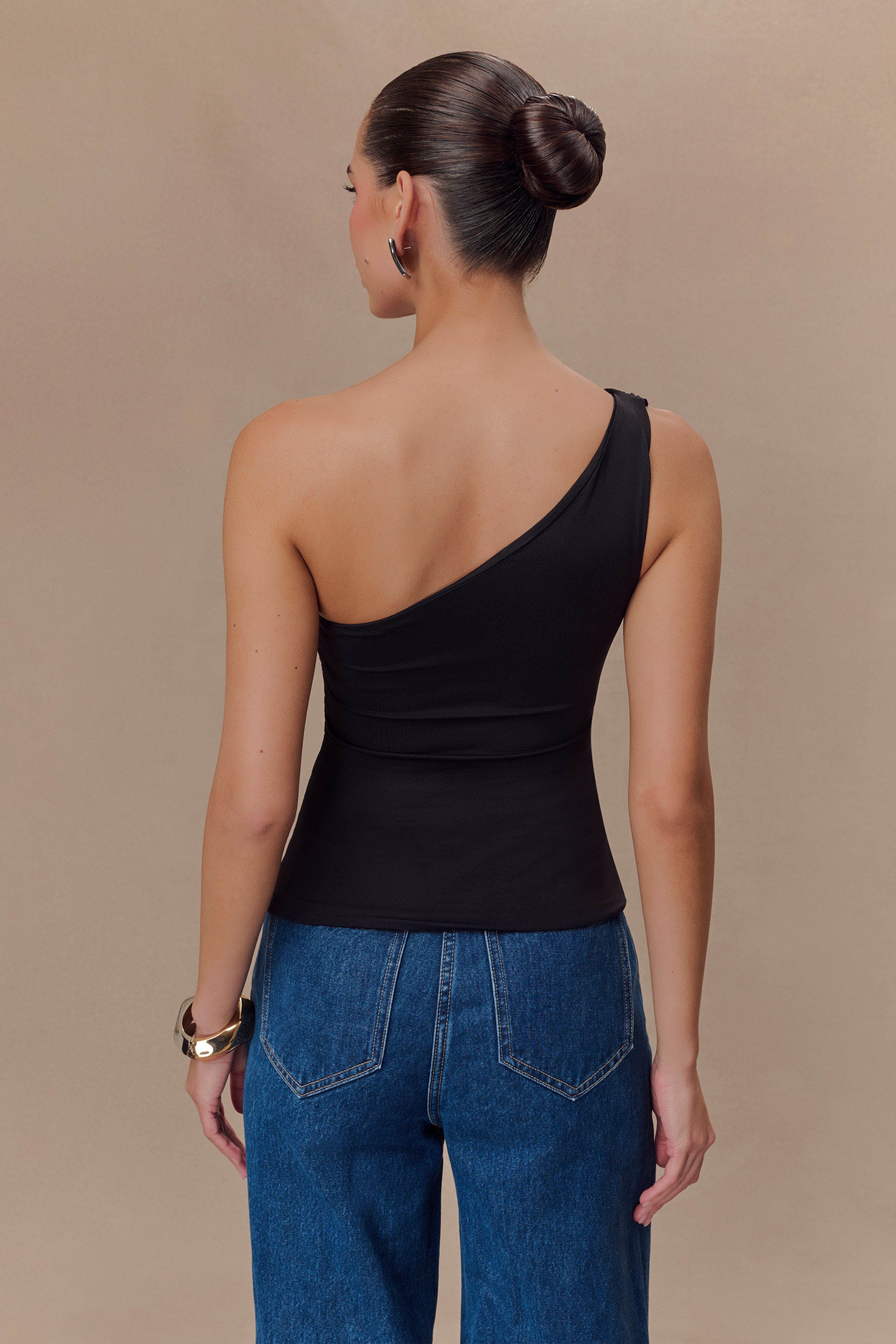 Black One Shoulder Recycled Nylon Top With Drape