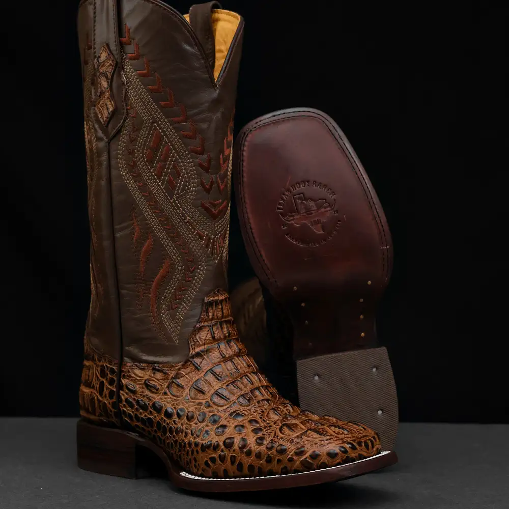 Honey Caiman Neck Leather Boots - Square Toe