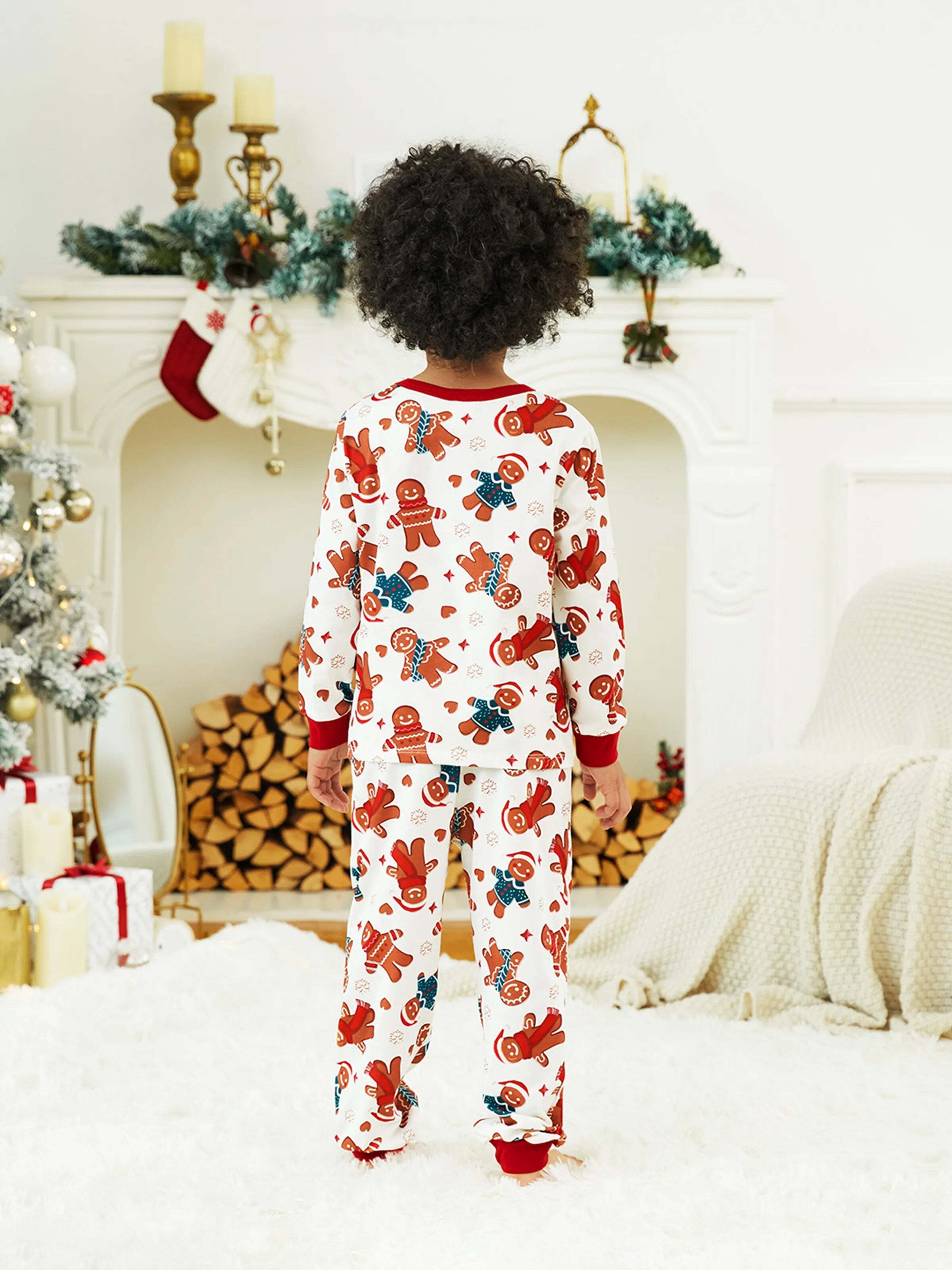 Christmas Family Matching Cartoon Gingerbread Man Allover Print Pajamas Sets with Christmas Socks White