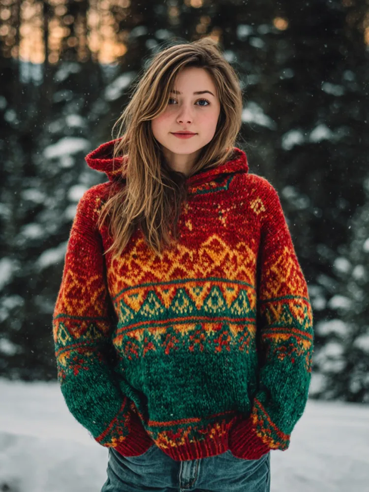 Women's Christmas Fair Isle Vintage Jacquard Knit Hooded Sweater