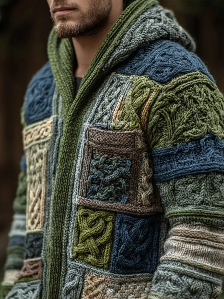 Men's Retro Geometric Patchwork Knit Chunky Hooded Cardigan