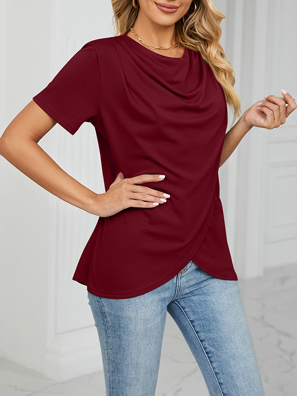 Pleated Solid Color Split-Joint Loose Short Sleeves Round-Neck T-Shirts