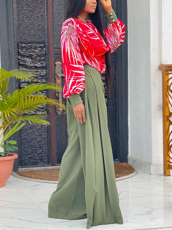 Printed Heaps Collar Long Sleeves Shirts Top + High Waisted Pants Bottom Two Pieces Set