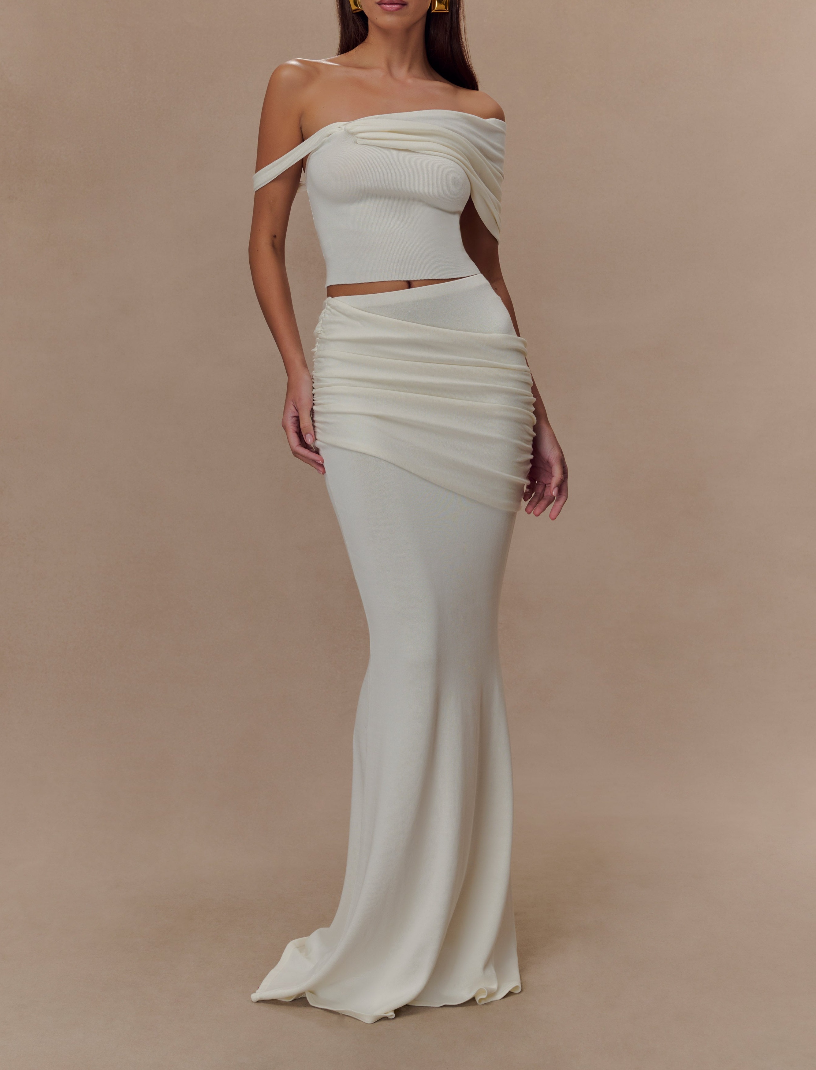Ivory Gathered Knit Maxi Skirt