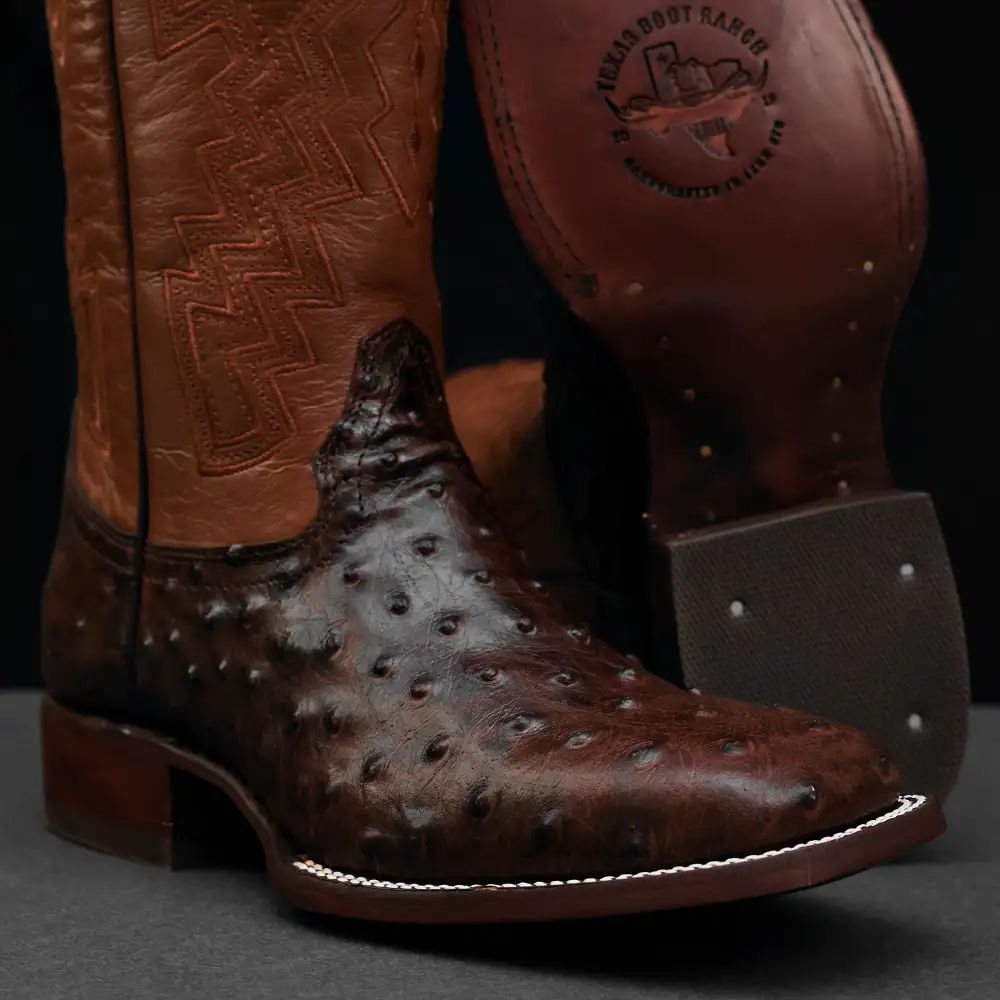 Chocolate Brown Ostrich Leather Boots - Square Toe