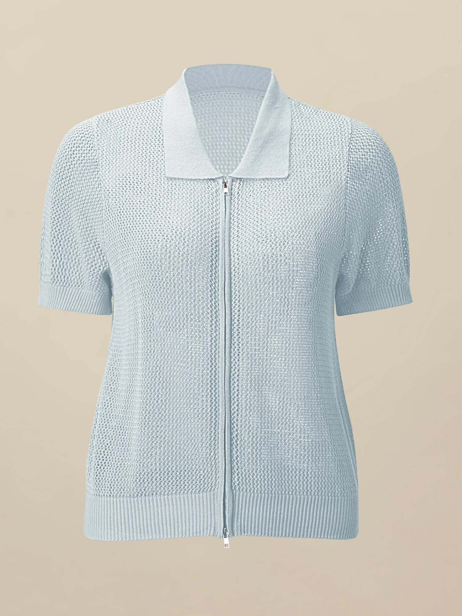 Linen & Lyocell V-Neck Short Sleeve Zipper Hollow Out Cardigan