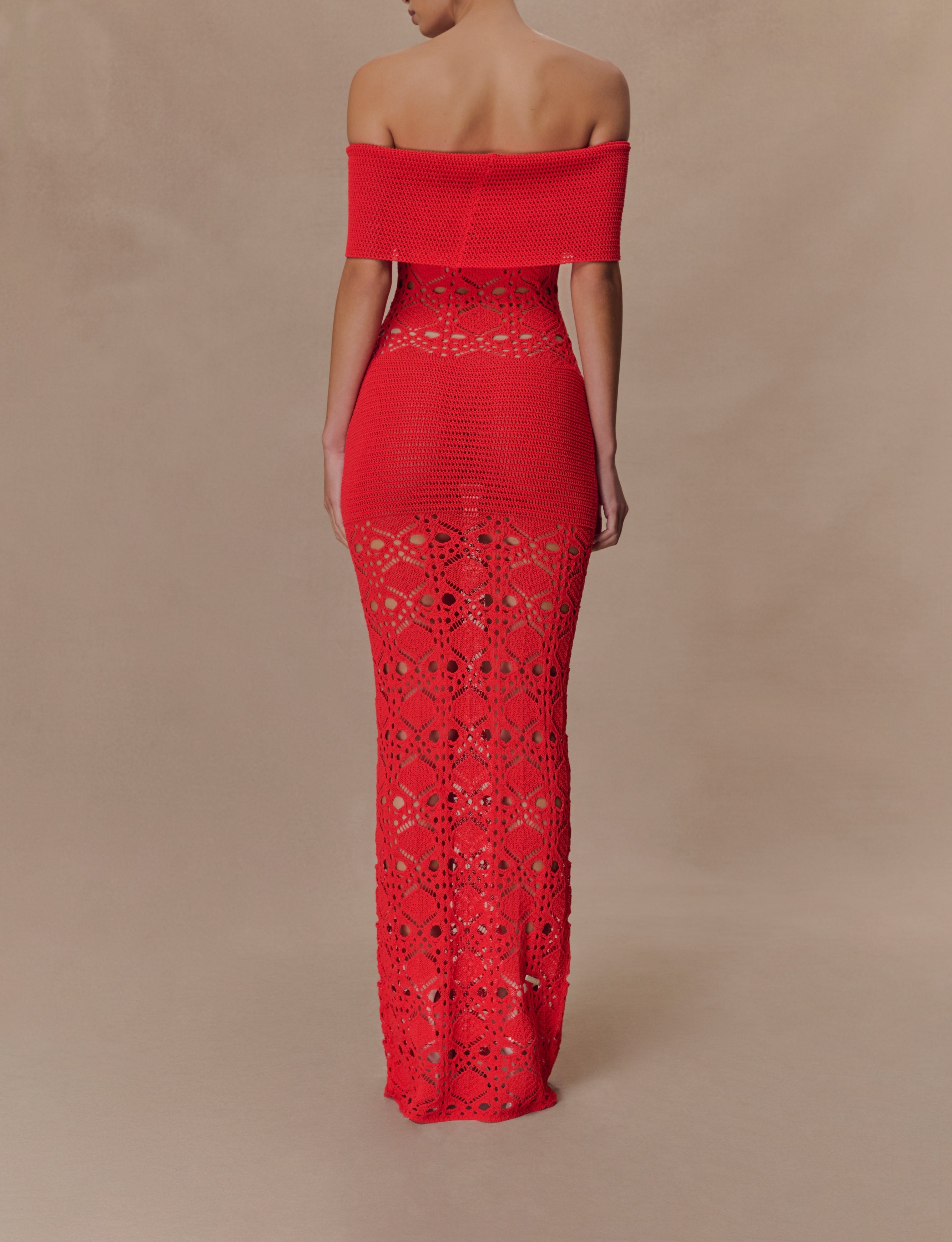 Orange Off Shoulder Crochet Knit Maxi Dress