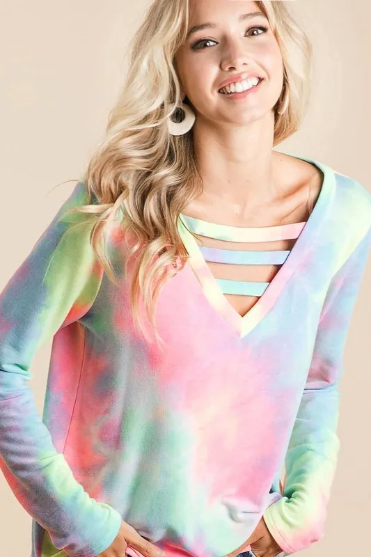 Tie Dye French Terry V-Neck Top with Strapped