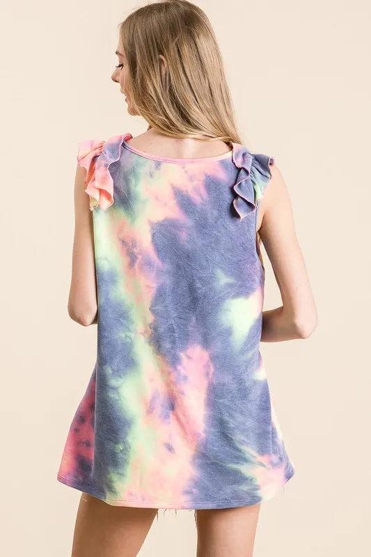 Tie Dye French Terry V Neck Top with Ruffle
