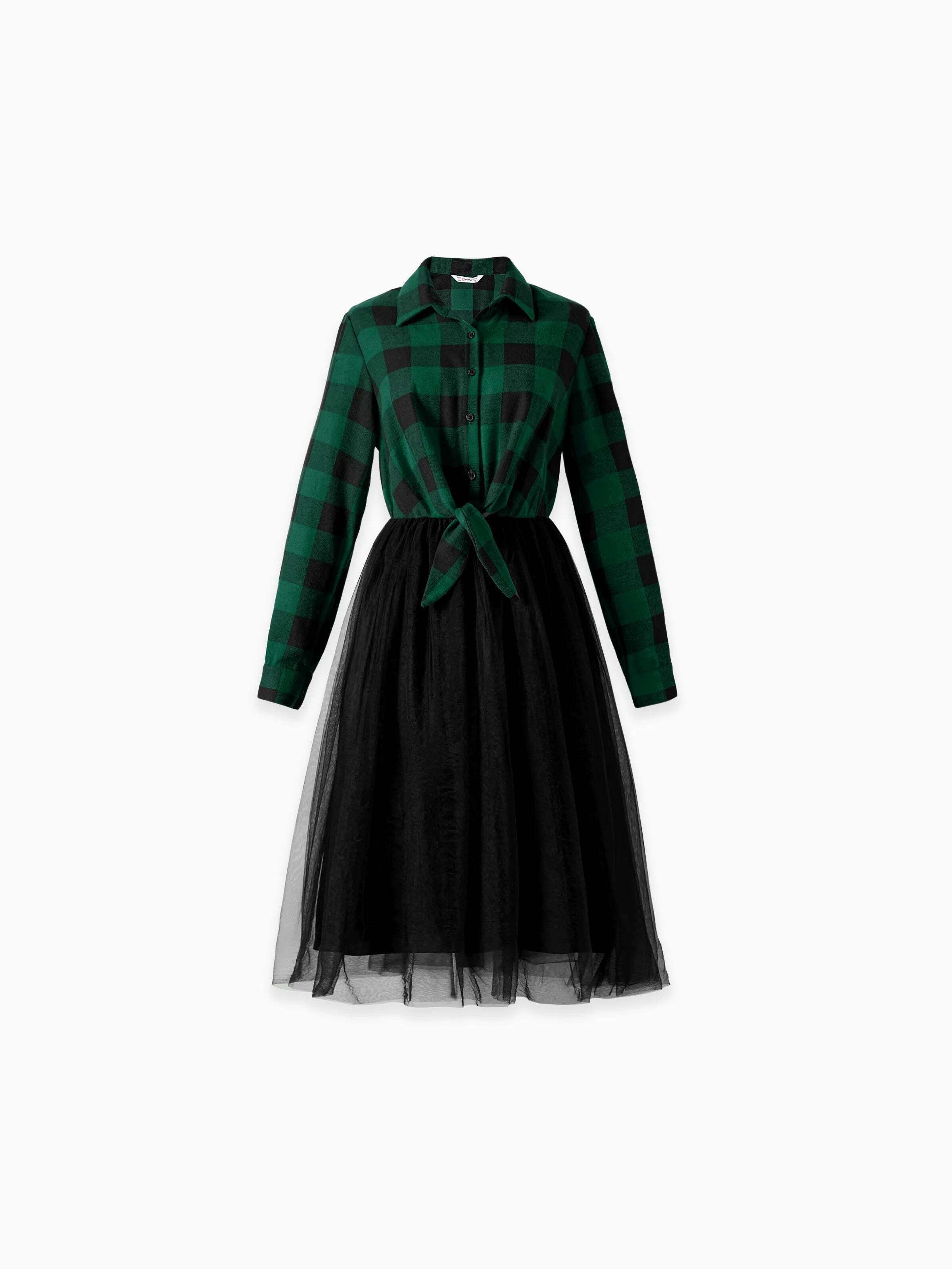 Family Matching Sets Green Plaid Long Sleeves Shirt or Tulle Mesh Dress DarkGreen