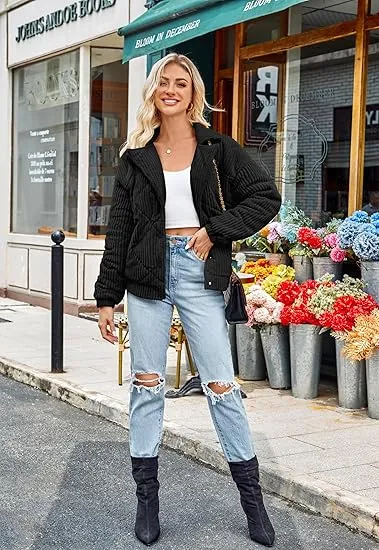 Women's Bomber Jacket Corduroy Ribbed Quilted Zip Up Long Sleeve Winter Coat Fall Outerwear Tops with Pockets