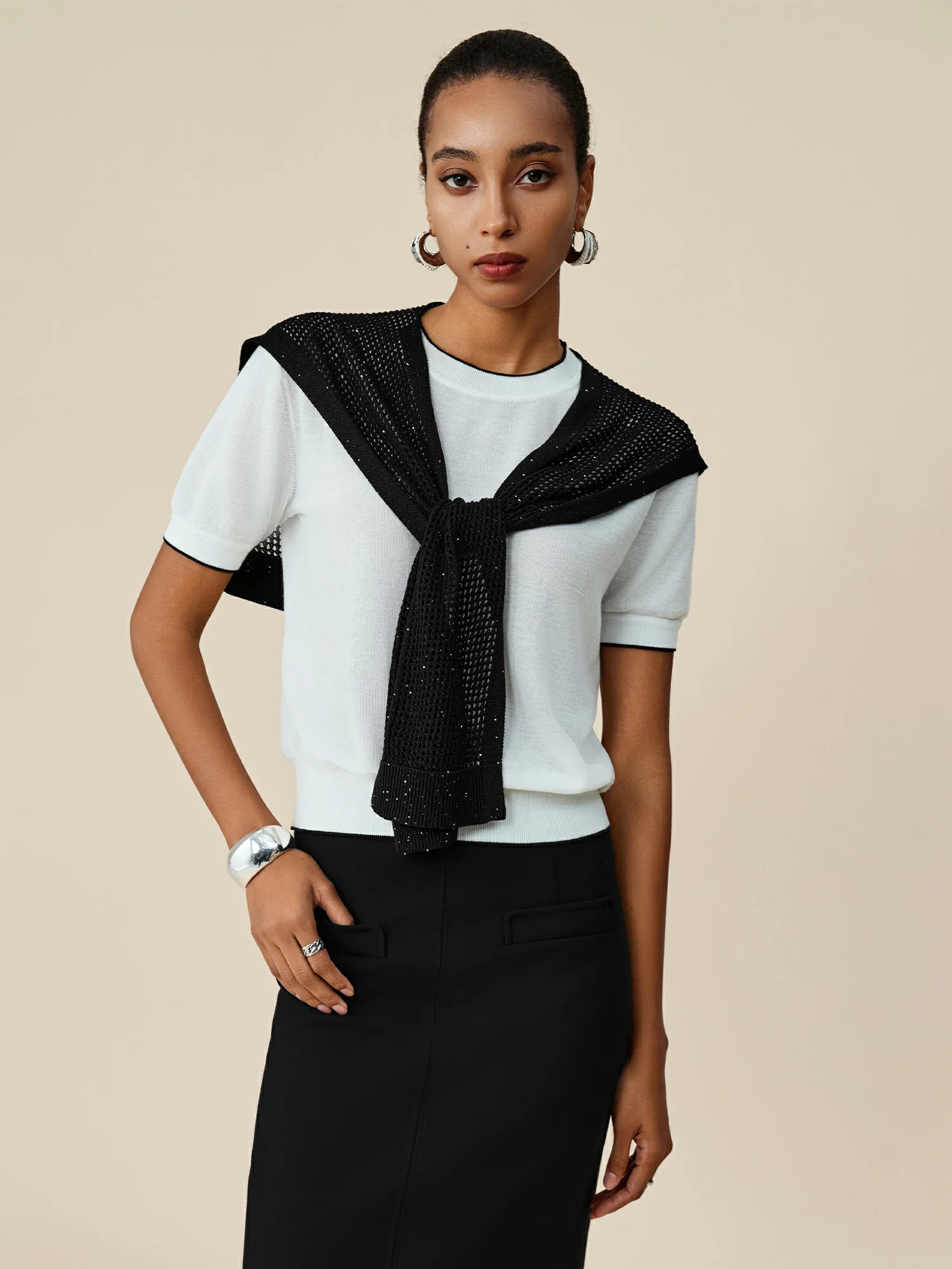 Lyocell & Linen Sequined Knitted Shawl