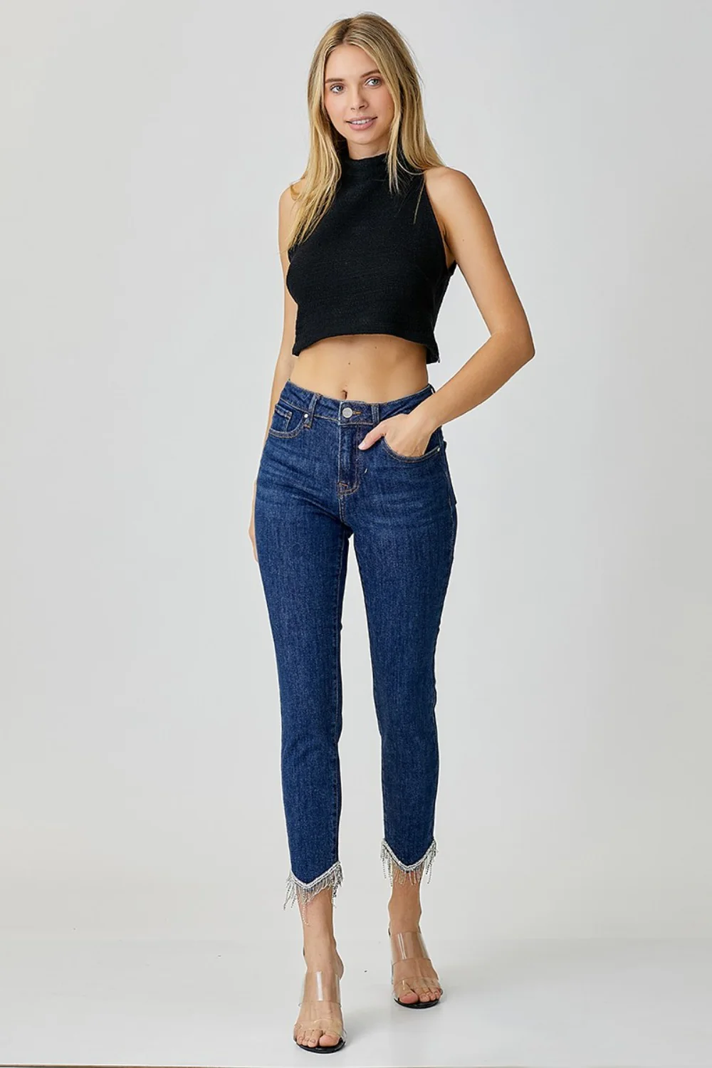 Full Size Embellished Mid Rise Crop Skinny Jeans