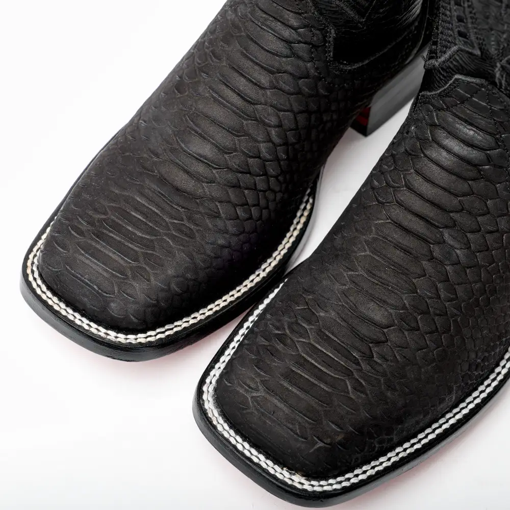 Matte Black Python Leather Boots - Square Toe