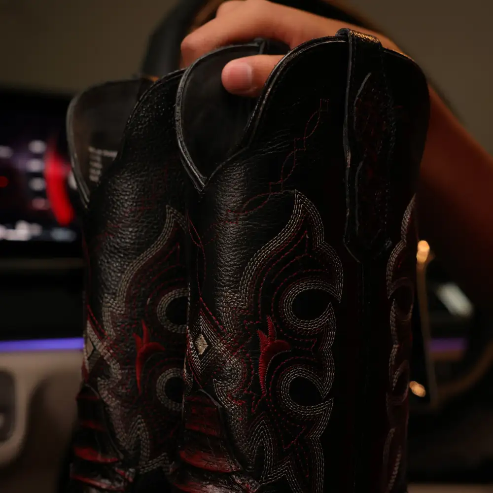 Black Cherry Anaconda Leather Boots - Square Toe