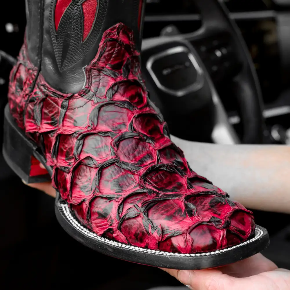 Genuine Black Cherry Pirarucu Boots - Square Toe