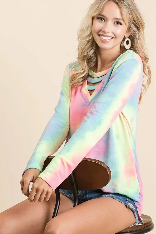 Tie Dye French Terry V-Neck Top with Strapped