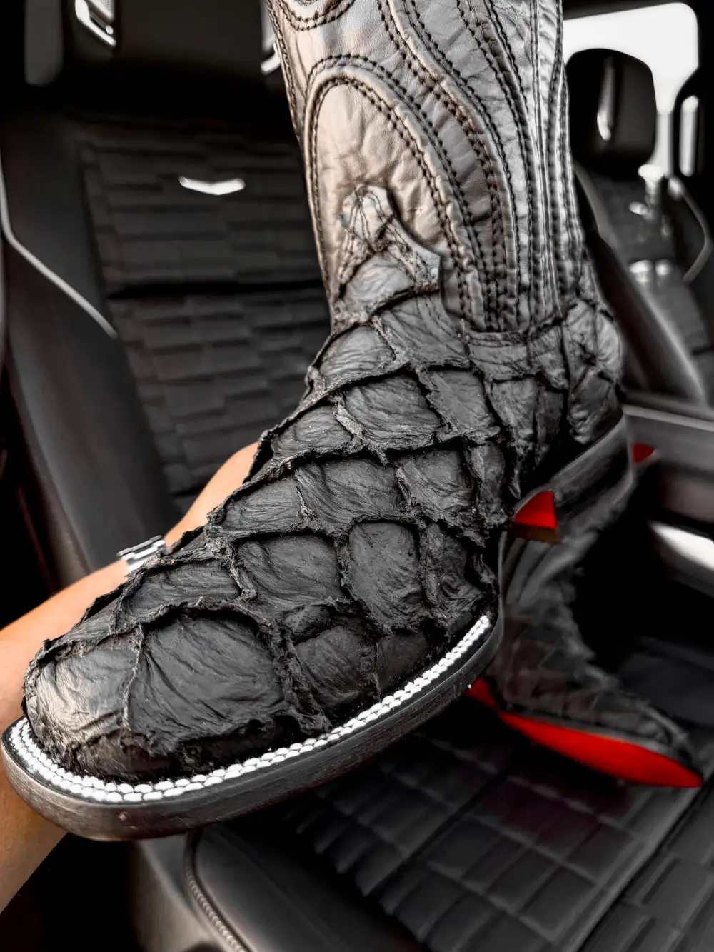 Matte Black Jumbo Pirarucu Leather Boots - Square Toe