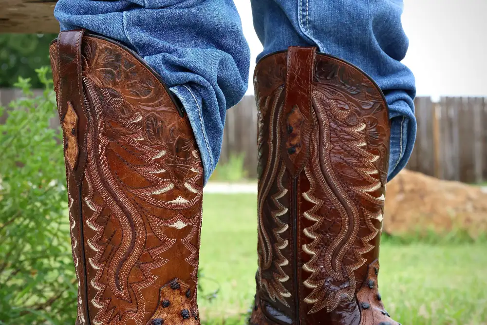 Cognac Ostrich Leather Boots — Square Toe