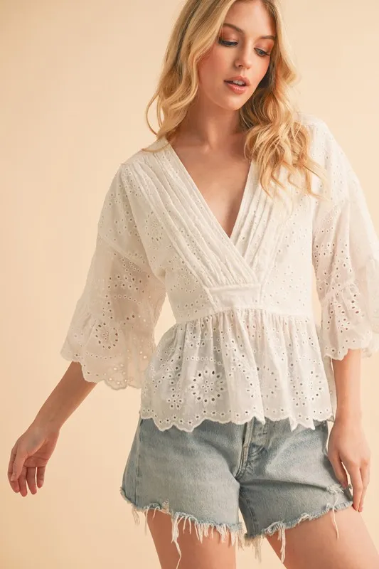 Flounce Sleeve Eyelet Peplum Top