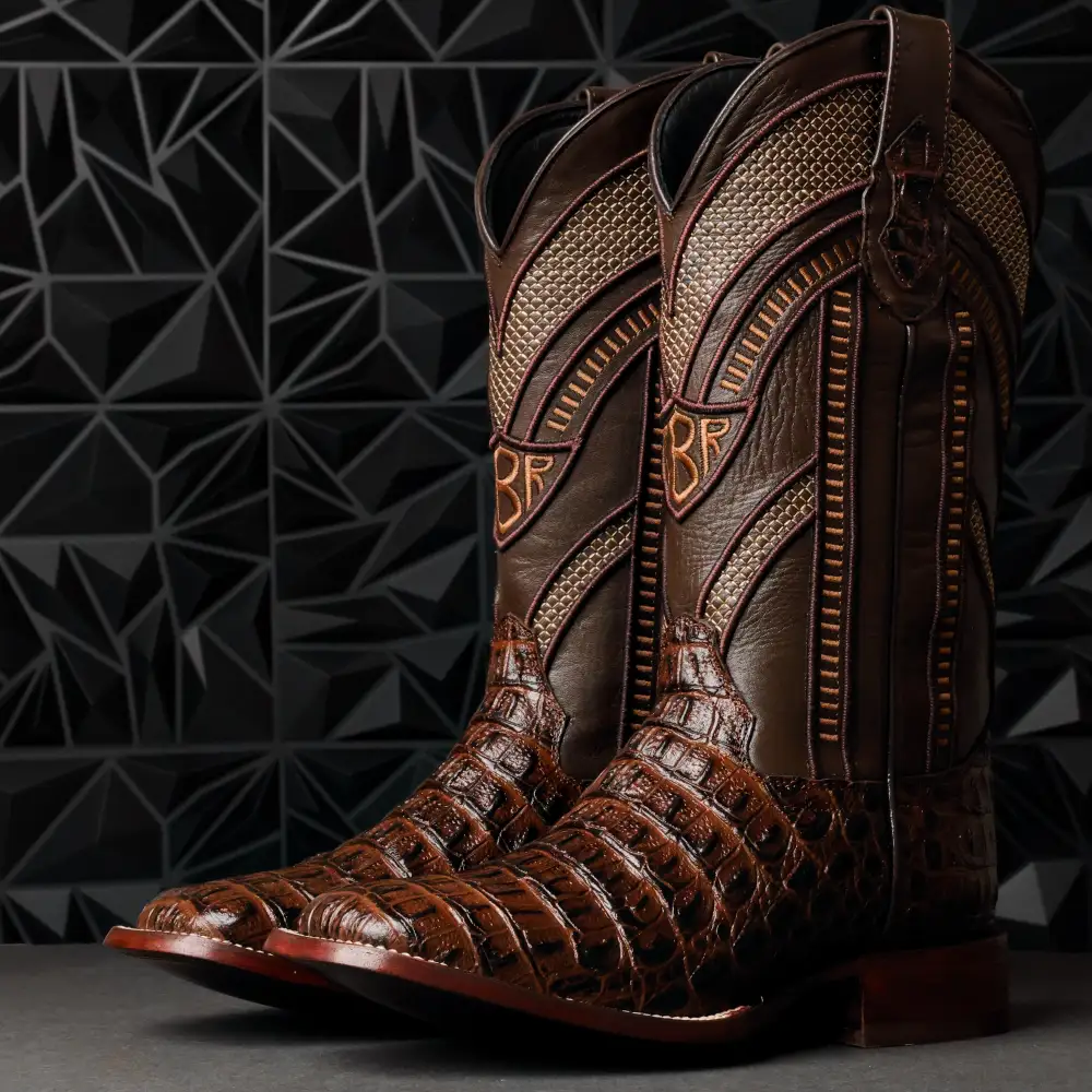 Brown Caiman Hornback Leather Boots - Square Toe